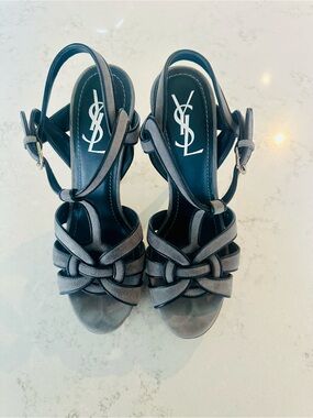 Yves Saint Laurent Knotted Strap Heeled Sandals in Gray